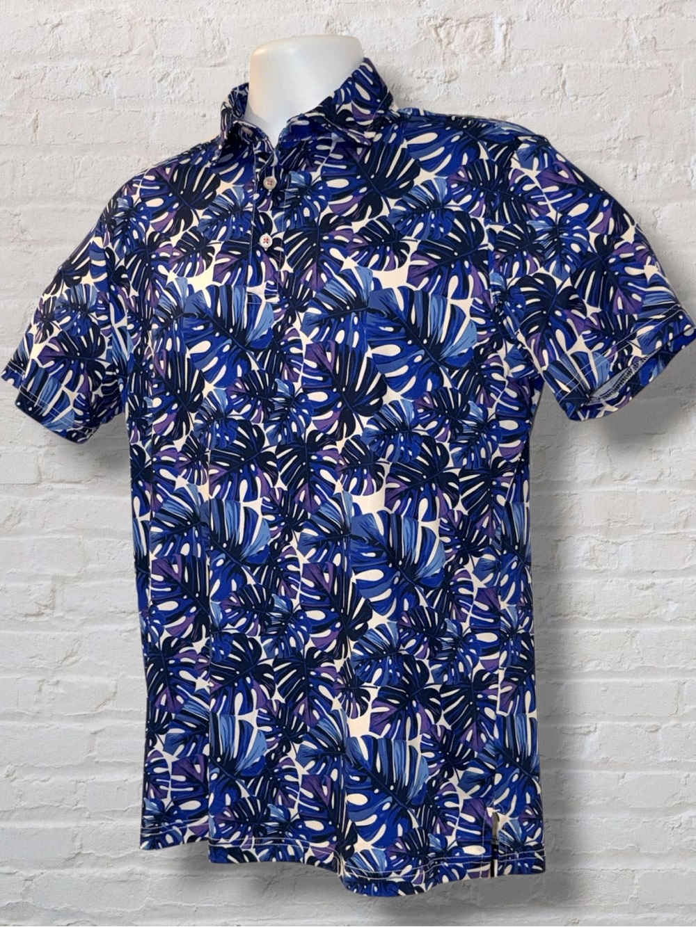 TailorByrd Men’s S Blue Purple Monstera Leaf Print Golf Polo SPF 30 Performance